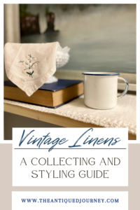 a vintage book styled with milk glass and a vintage linen
