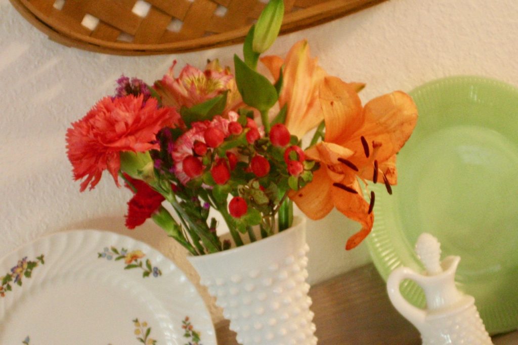 hobnail glass vase with fresh flowers