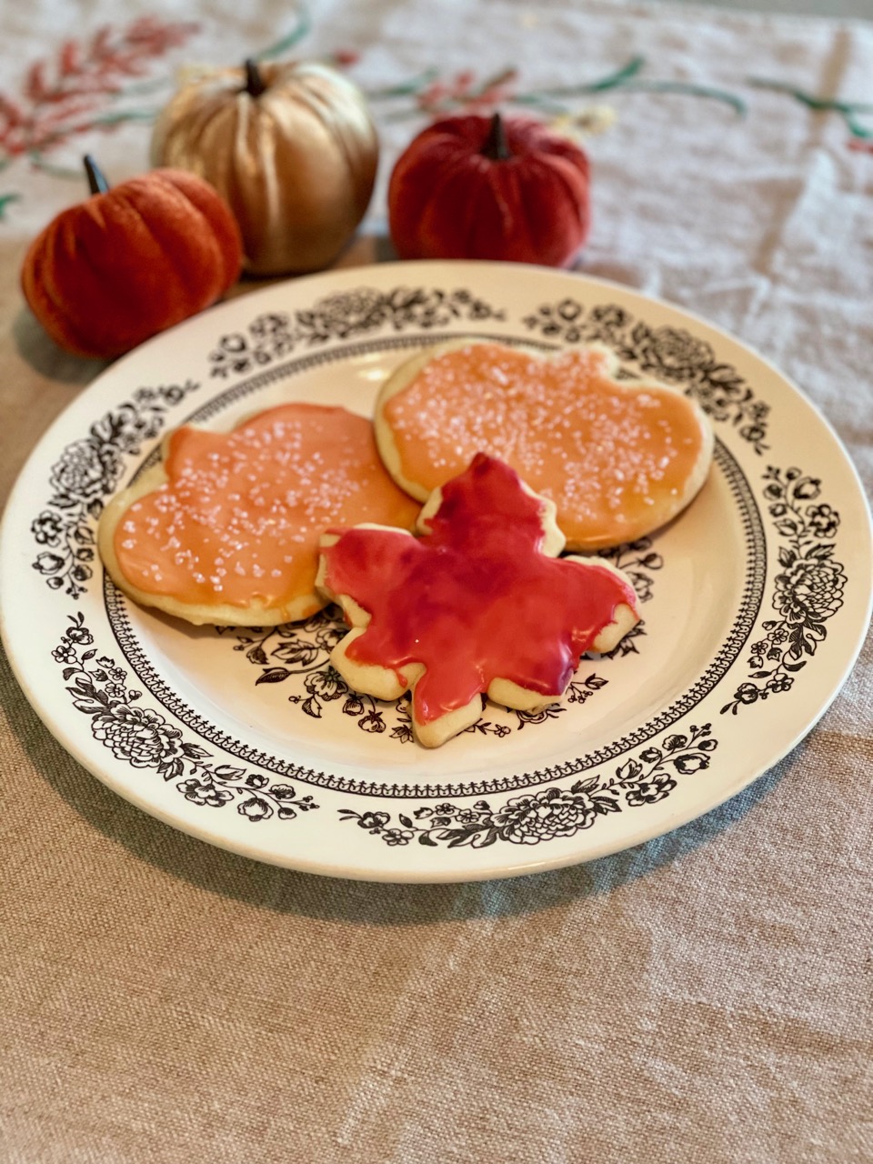 fall sugar cookies on a vintage plate