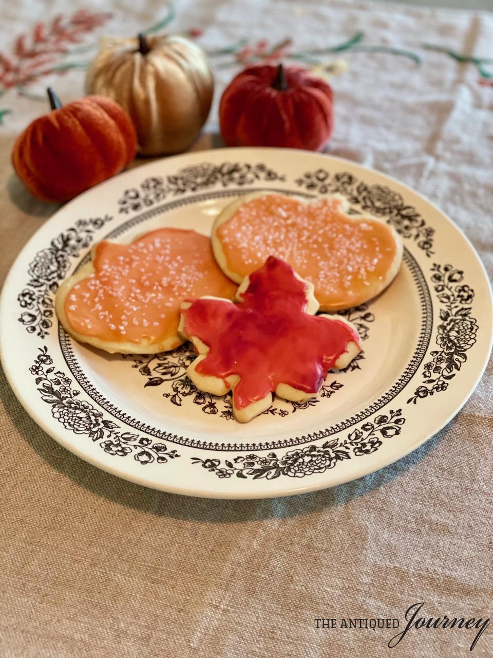 fall sugar cookies on a vintage plate