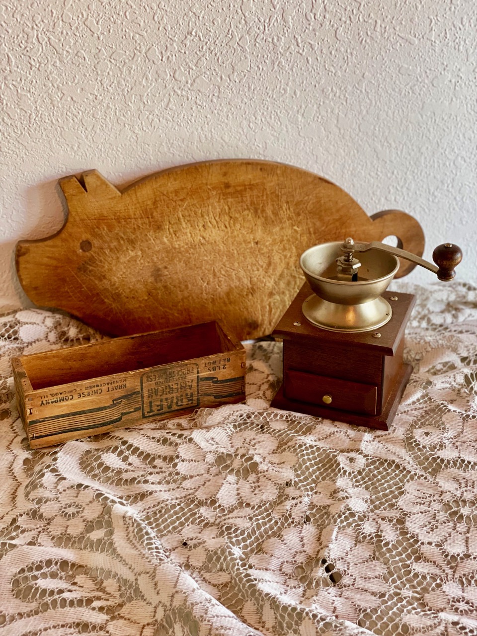 a grouping of vintage wooden decor