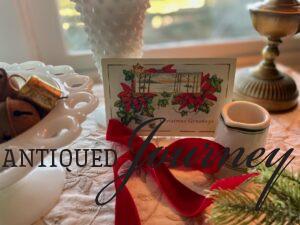 vintage Christmas decor styled in a vignette