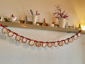 wood round and bead garland with vintage milk glass