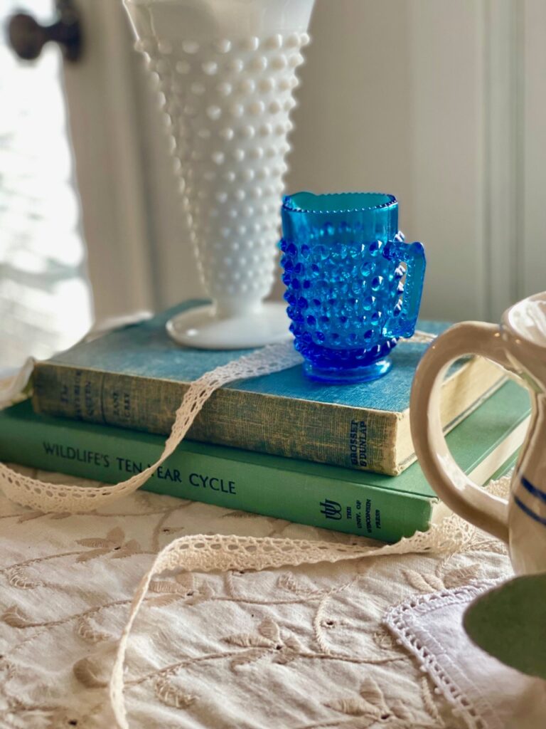 hobnail glass in a vignette