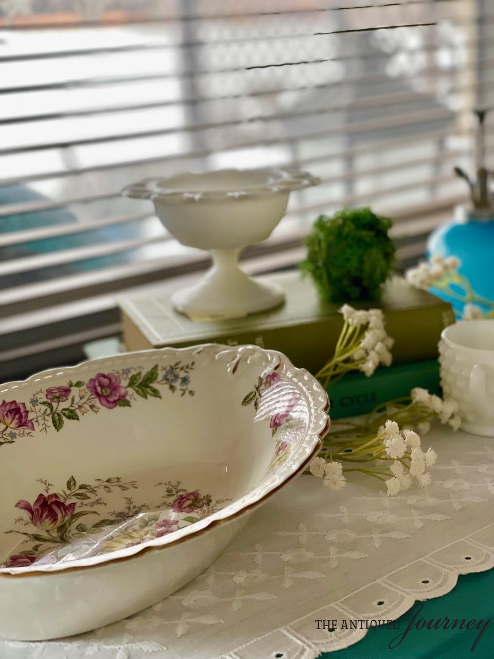 a Spring vignette with vintage decor