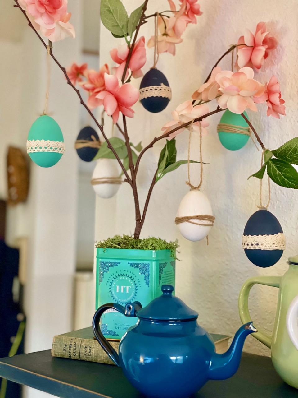 DIY Easter tree with a vintage tin base and egg ornaments