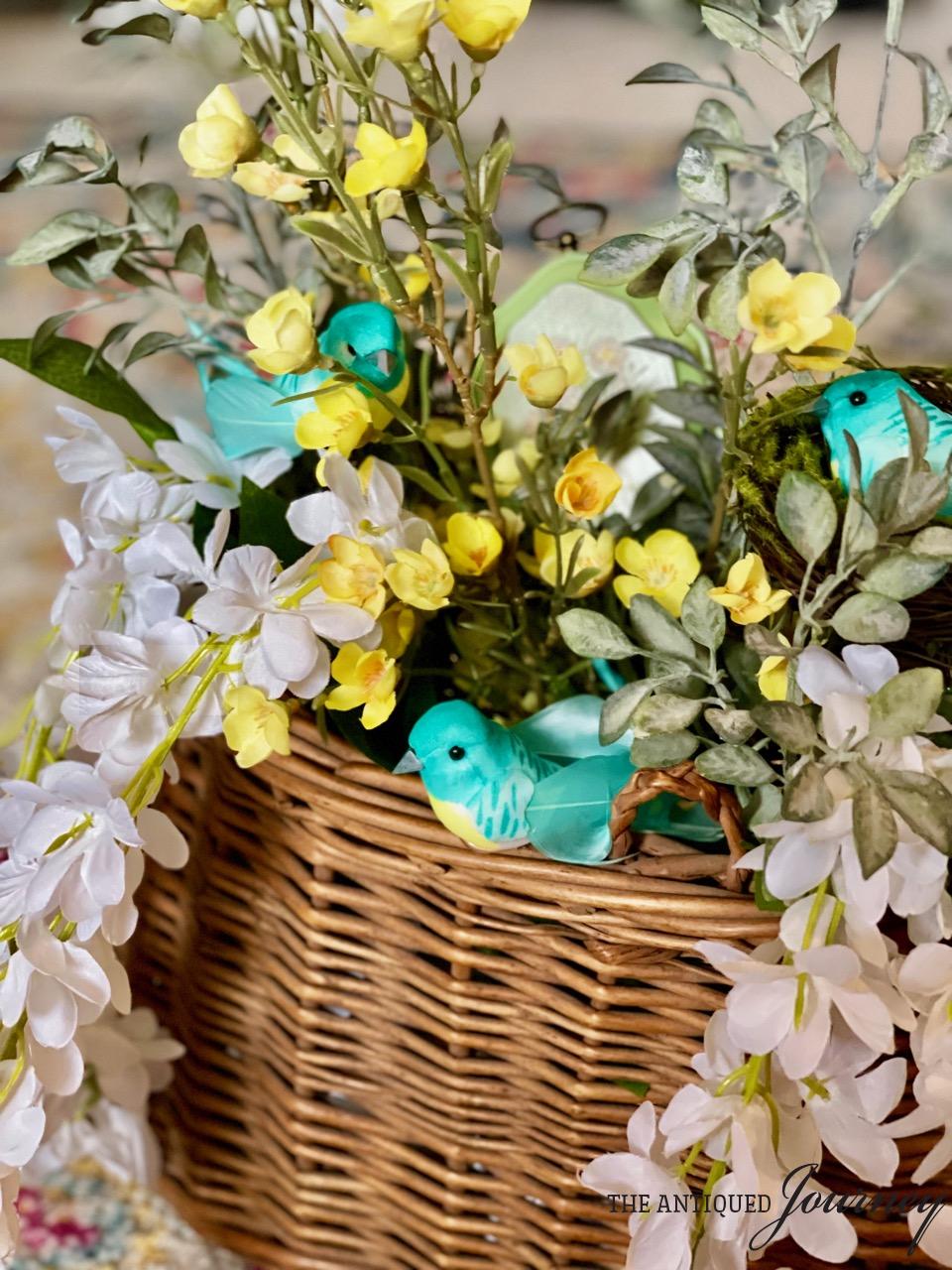 a vintage basket used for Spring door decor