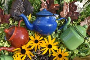 a collection of vintage enamel teapots