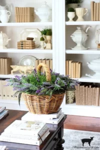 a basket filled with lavender on top of a stack of books from The Crowned Goat blog