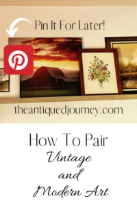 a picture rail that is displayed with vintage and modern art on a wall