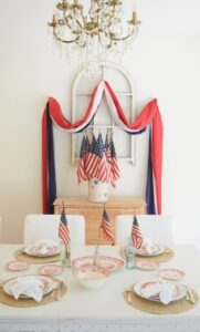 a patriotic tablescape with red transerware dishes from Sky Lark House blog