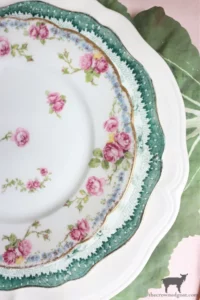 vintage and antique floral china as part of a tablescape from The Crowned Goat blog