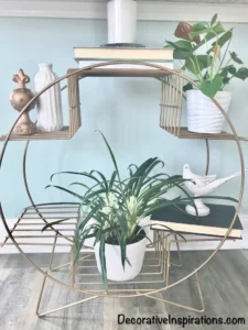 a vintage mid-century thrifted plant stand with vintage decor and plants from Decorative Inspirations