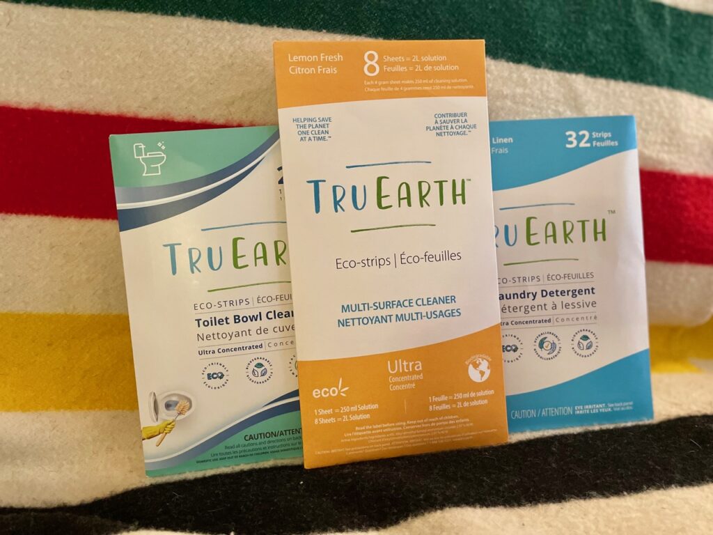 TruEarth eco cleaning strips on a Pendelton blanket