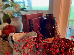 vintage decor for fall including rust colored books and an amber bottle