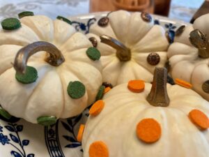 diy polka dot pumpkins in a vintage bowl