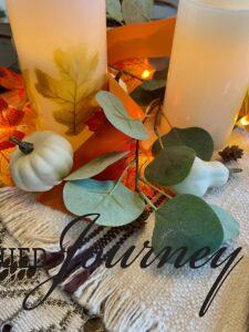 velvet ribbon and pumpkins in a Thanksgiving centerpiece