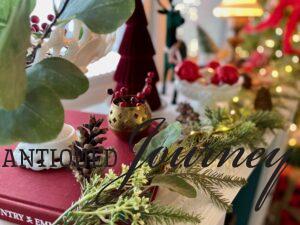 a Christmas vignette with vintage items and velvet
