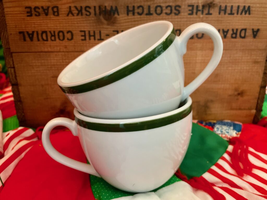 vintage green and white mugs stacked