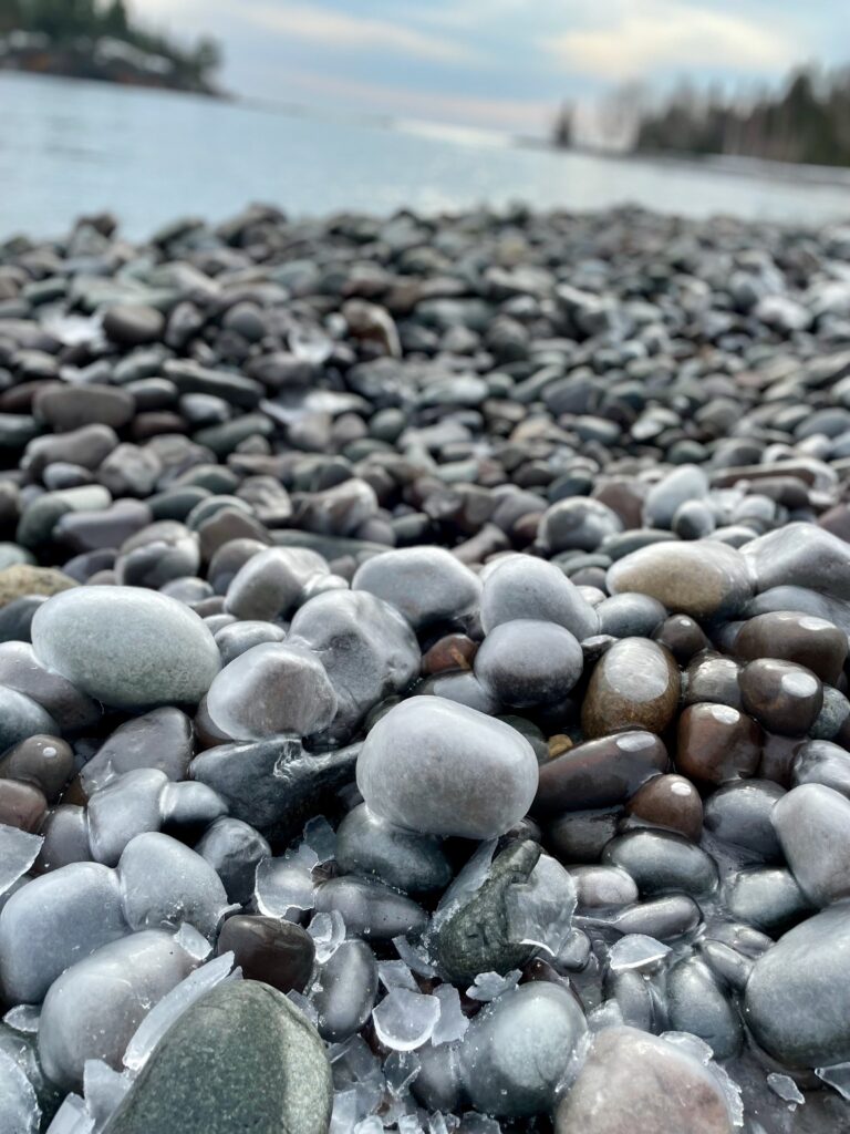 icy rocks on the shore of Lake Superior