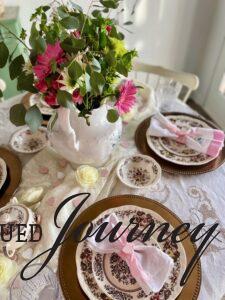 a Valentines tablescape with vintage transferware