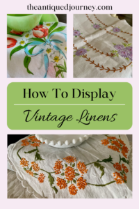 a collection of thrifted vintage linens displayed in a home