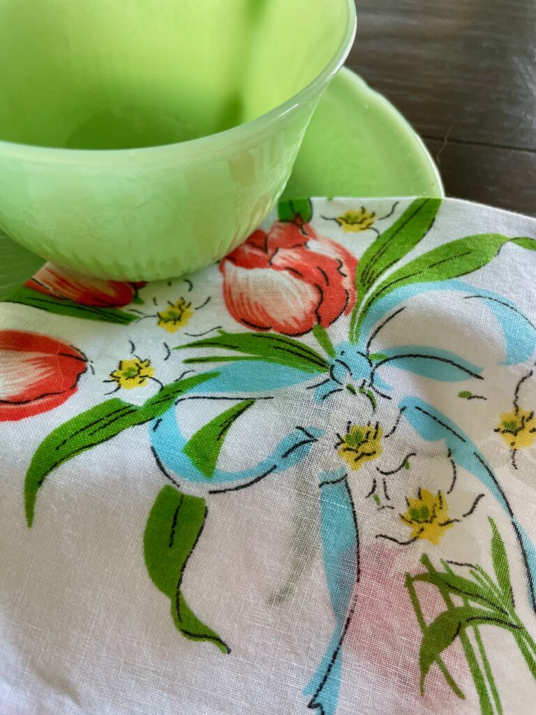 vintage tulip linen displayed with vintage Jadeite