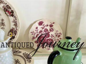 vintage Spring decor displayed in a hutch