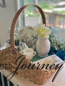 a thrifted basket styled for Spring