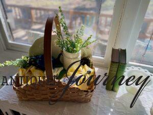 a decorative basket with blue and yellow vintage decor