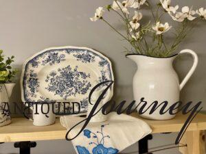 a vintage blue and white hanky used in a Spring vignette