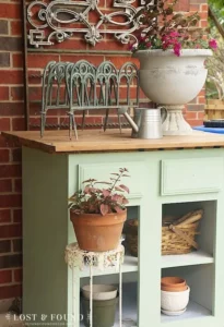 an upcycled potting bench from Lost and Found Decor