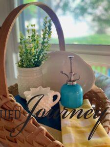 a Summer basket vignette with vintage milk glass