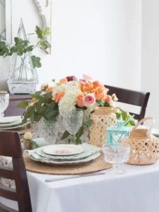 a peach themed tablescape from Midwest Life and Style