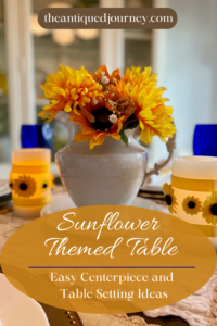 a sunflower themed tablescape with a centerpiece and table settings