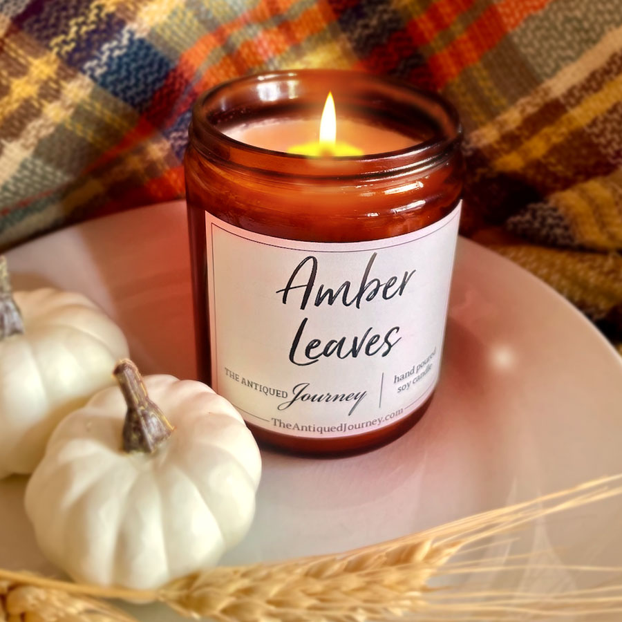 a hand poured soy wax candle for sale called 'Amber Leaves'