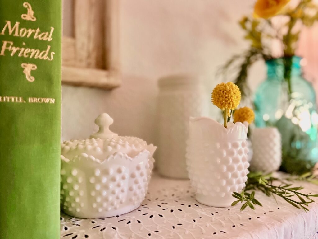 vintage hobnail milk glass with yellow flowers