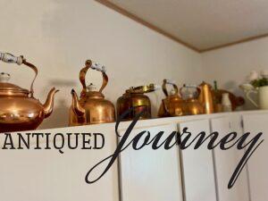 vintage copper teapot collection with porcelain handles above kitchen cabinets