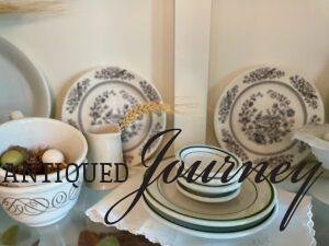 vintage green and white butter pats with other vintage dishes for Fall