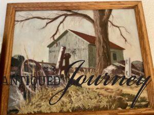a vintage thrifted barn painting for Fall decorating