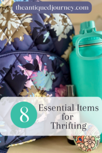 essential items needed for going thrifting including a backpack and water bottle