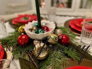 vintage ornaments and milk glass for a Christmas centerpiece