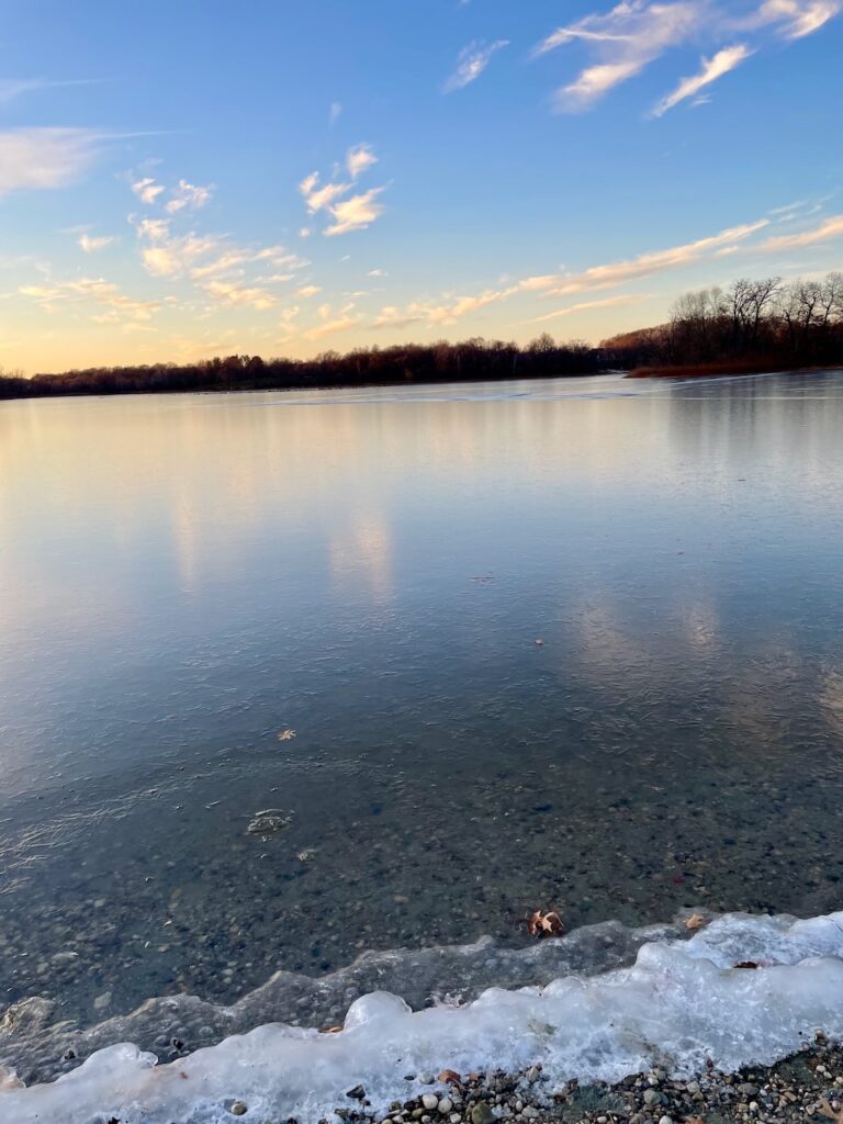 icy lake at sunset