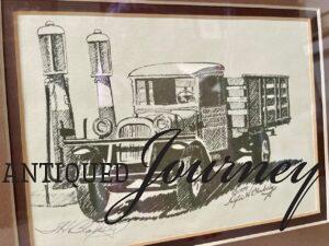 signed artist print of an antique truck sketch