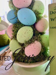 a DIY Easter egg topiary with pastel colors